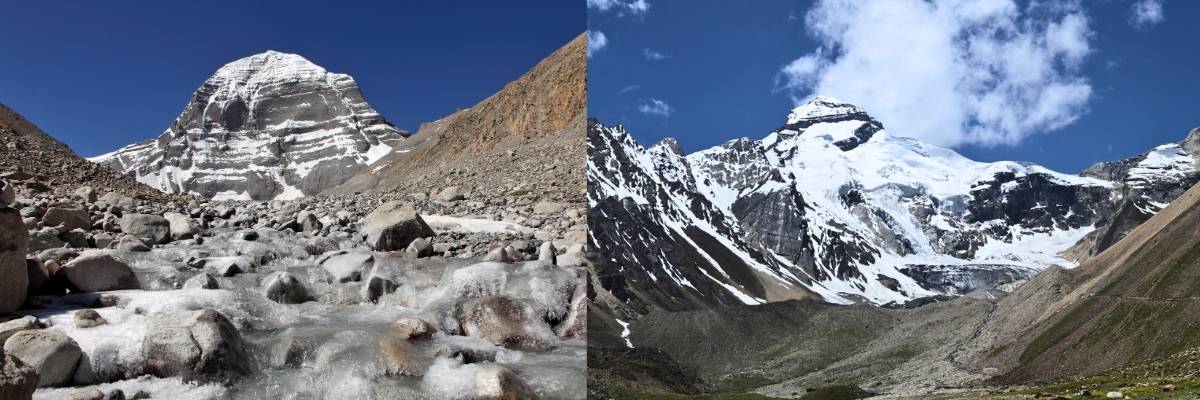 Mount Kailash on the left and Adi Kailash (Chota Kailash) on the right, snow peaks under clear sky